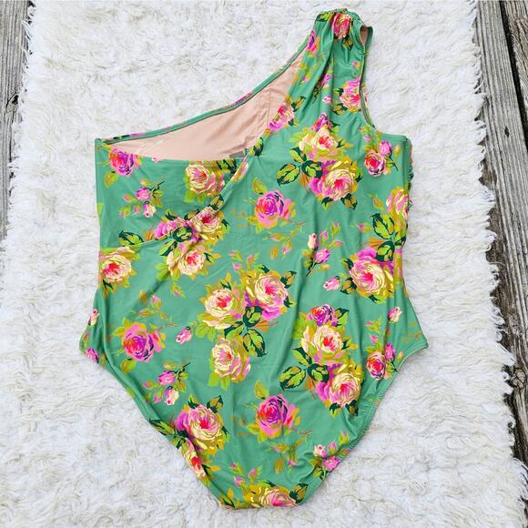 Plus Size JCrew One Shoulder Swimsuit Plus Size 22 Green Pink Floral Print NWT - Picture 9 of 10